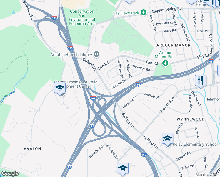 map of restaurants, bars, coffee shops, grocery stores, and more near 912 Grovehill Road in Halethorpe
