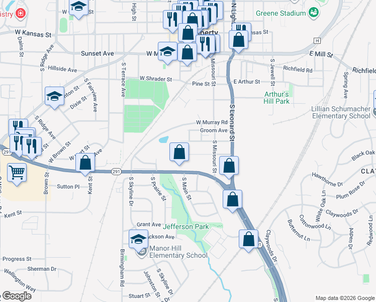 map of restaurants, bars, coffee shops, grocery stores, and more near 4 East Hurt Street in Liberty