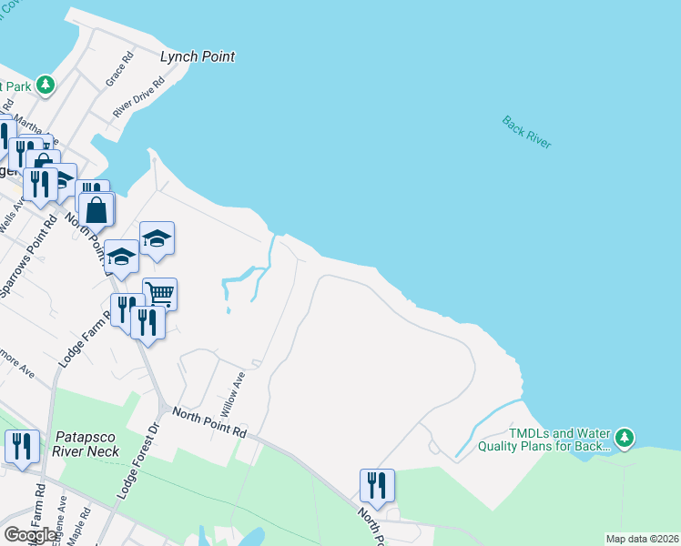 map of restaurants, bars, coffee shops, grocery stores, and more near 3054 Shaws Parkway in Baltimore