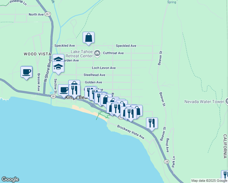map of restaurants, bars, coffee shops, grocery stores, and more near 8633 Rainbow Avenue in Kings Beach