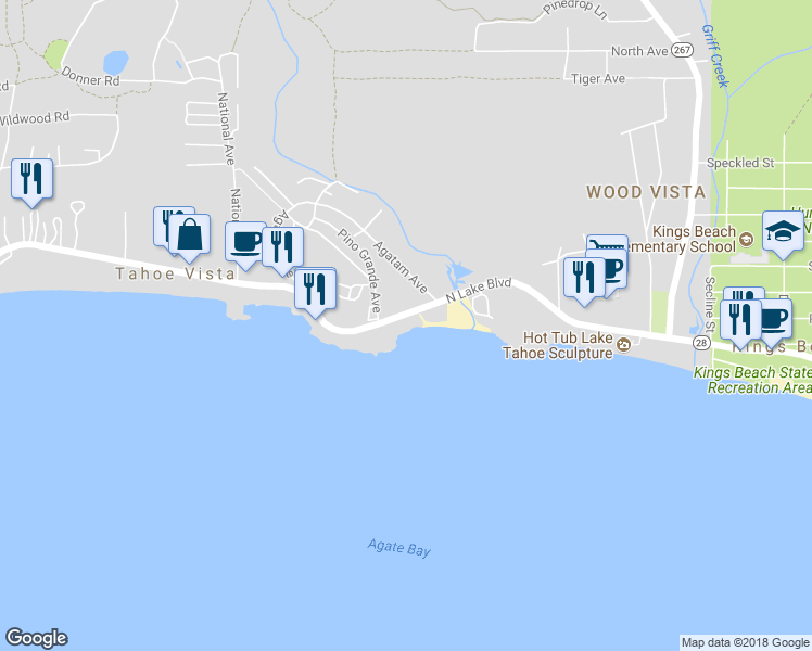 map of restaurants, bars, coffee shops, grocery stores, and more near 7422 North Lake Boulevard in Tahoe Vista
