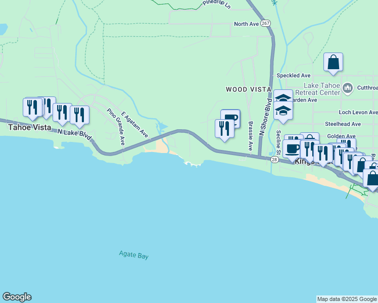 map of restaurants, bars, coffee shops, grocery stores, and more near 7610 North Lake Boulevard in Tahoe Vista