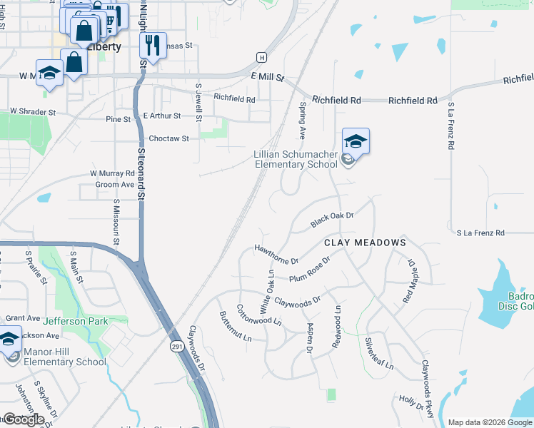 map of restaurants, bars, coffee shops, grocery stores, and more near 760 Spring Circle in Liberty
