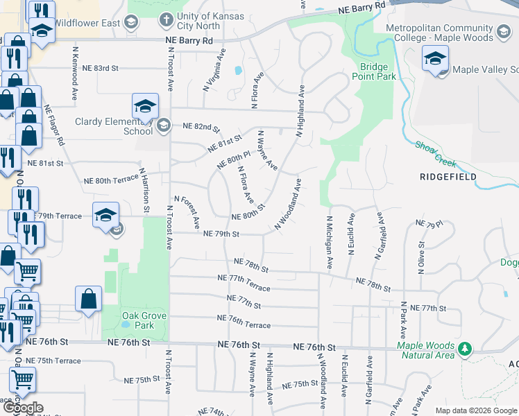 map of restaurants, bars, coffee shops, grocery stores, and more near 8005 North Flora Avenue in Kansas City