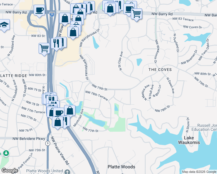 map of restaurants, bars, coffee shops, grocery stores, and more near 6114 Northwest 79th Street in Kansas City