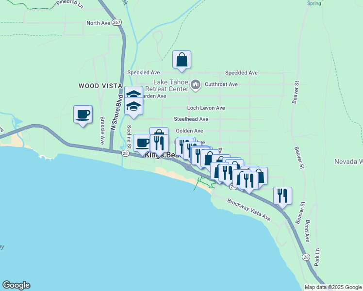 map of restaurants, bars, coffee shops, grocery stores, and more near 8376 Rainbow Avenue in Kings Beach