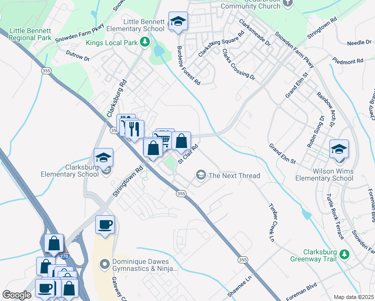 map of restaurants, bars, coffee shops, grocery stores, and more near 23339 Brewers Tavern Way in Clarksburg