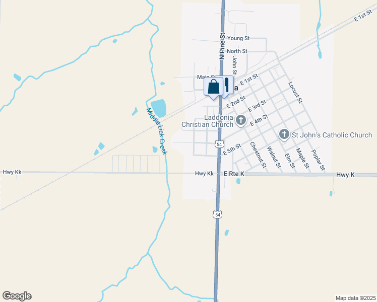 map of restaurants, bars, coffee shops, grocery stores, and more near 302 West 5th Street in Laddonia