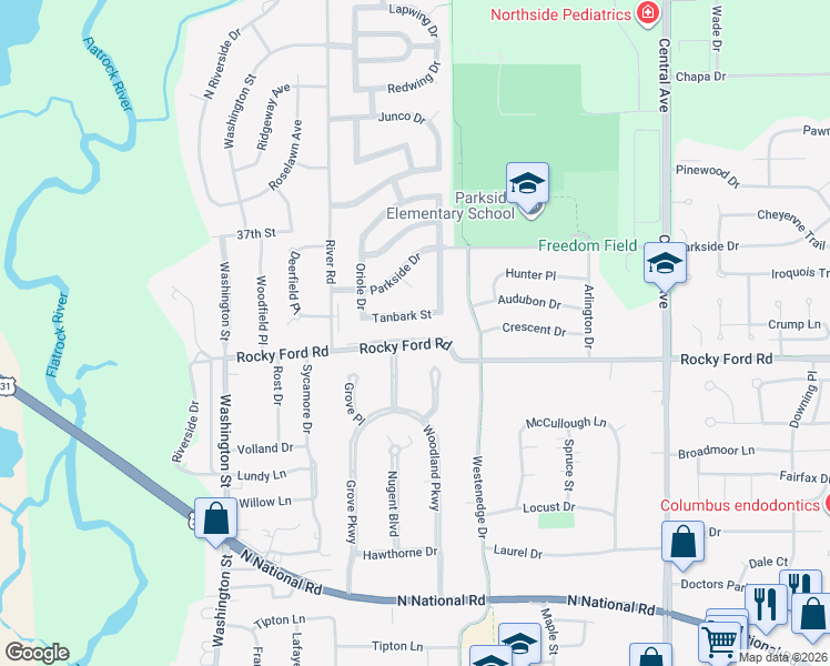 map of restaurants, bars, coffee shops, grocery stores, and more near 1030 Rocky Ford Road in Columbus