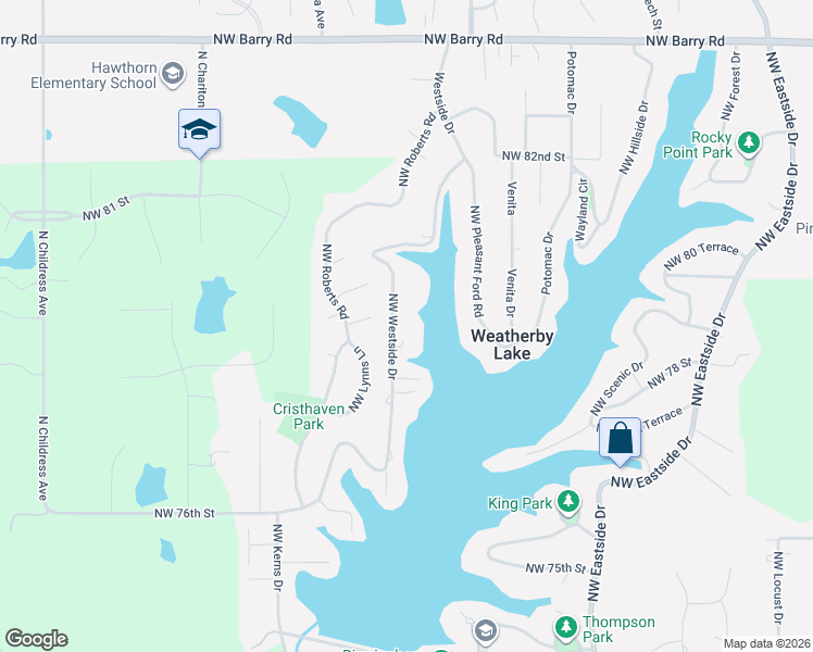 map of restaurants, bars, coffee shops, grocery stores, and more near 7903 Northwest Westside Drive in Weatherby Lake
