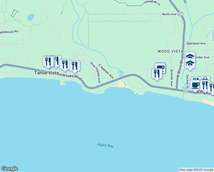 map of restaurants, bars, coffee shops, grocery stores, and more near 7422 North Lake Boulevard in Tahoe Vista