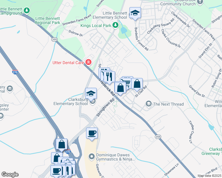 map of restaurants, bars, coffee shops, grocery stores, and more near 23315 Frederick Road in Clarksburg