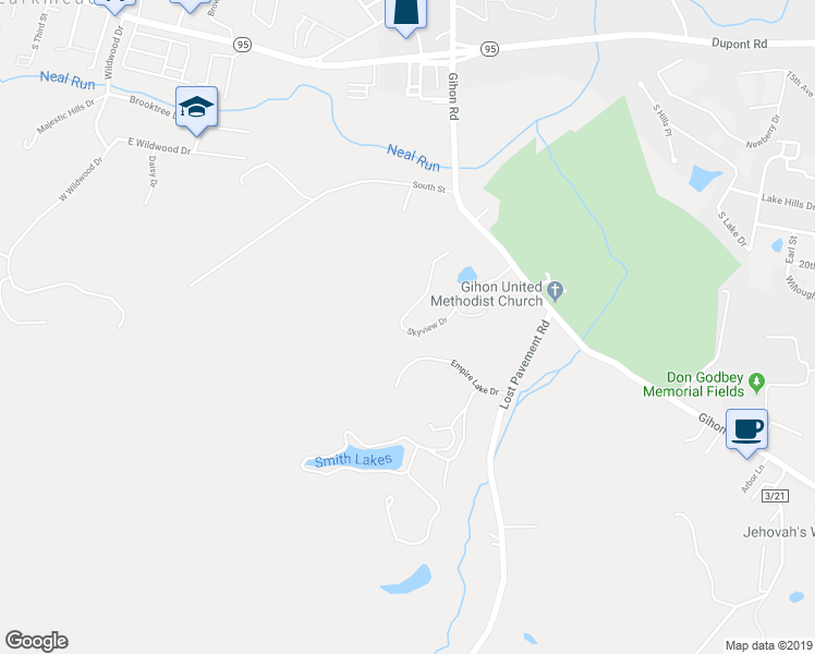 map of restaurants, bars, coffee shops, grocery stores, and more near Empire Lake Dr in Parkersburg