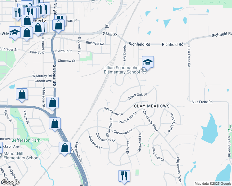 map of restaurants, bars, coffee shops, grocery stores, and more near 767 Spring Circle in Liberty