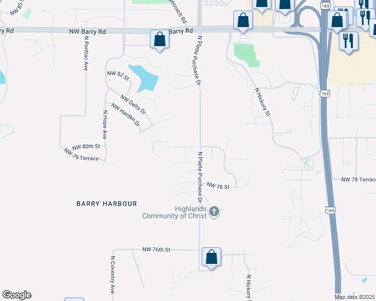 map of restaurants, bars, coffee shops, grocery stores, and more near 7915 Northwest Ames Avenue in Kansas City