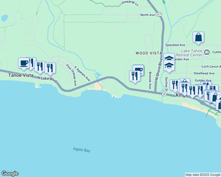 map of restaurants, bars, coffee shops, grocery stores, and more near 7600 North Lake Boulevard in Tahoe Vista