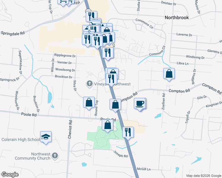 map of restaurants, bars, coffee shops, grocery stores, and more near 9189 Colerain Avenue in Cincinnati