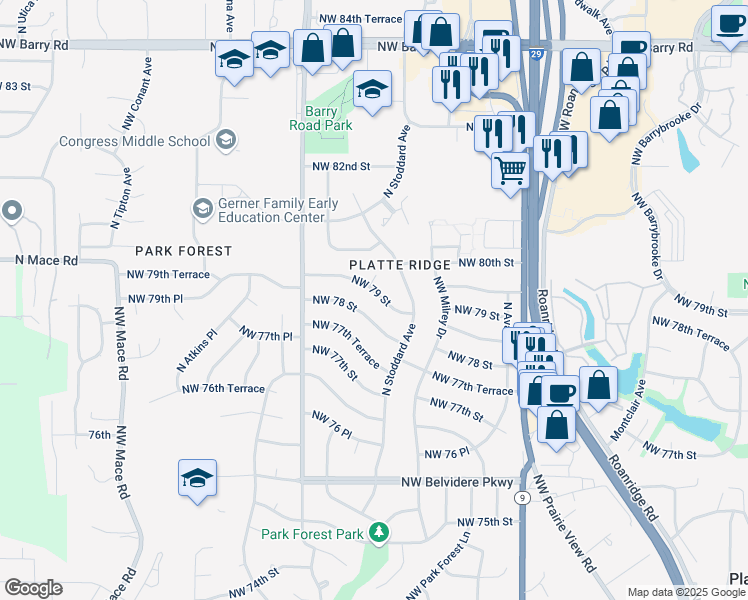 map of restaurants, bars, coffee shops, grocery stores, and more near 7321 Northwest 79th Street in Kansas City