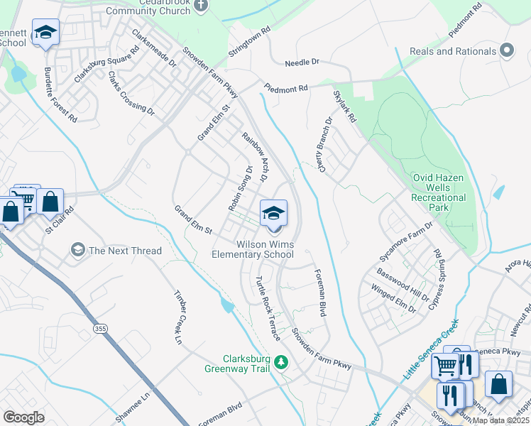 map of restaurants, bars, coffee shops, grocery stores, and more near 12520 Blue Sky Drive in Clarksburg