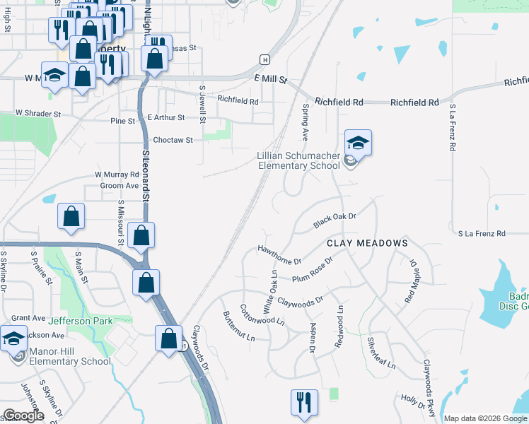 map of restaurants, bars, coffee shops, grocery stores, and more near 760 Spring Circle in Liberty