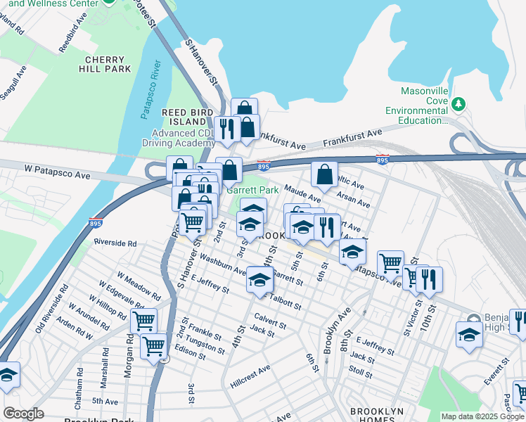 map of restaurants, bars, coffee shops, grocery stores, and more near 3545 3rd Street in Baltimore