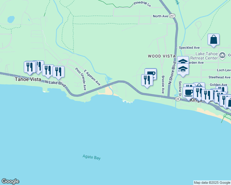 map of restaurants, bars, coffee shops, grocery stores, and more near 7580 North Lake Boulevard in Tahoe Vista