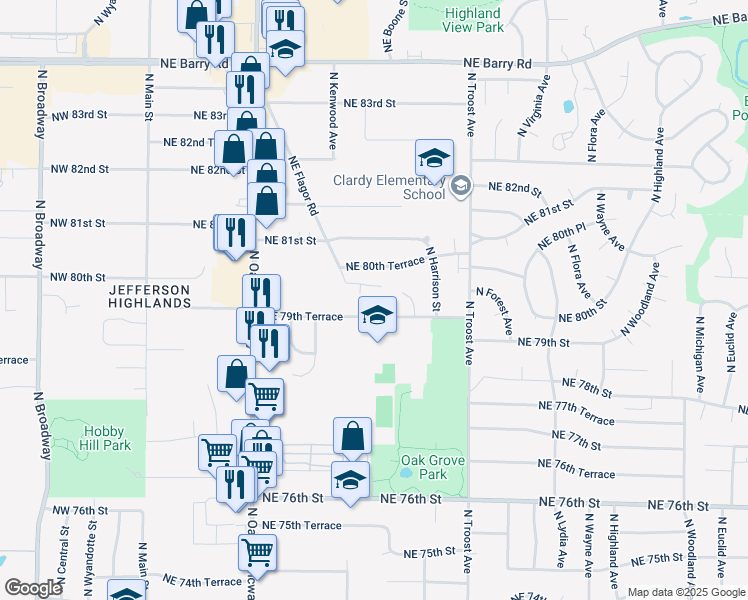 map of restaurants, bars, coffee shops, grocery stores, and more near 724 Northeast 79th Terrace in Kansas City
