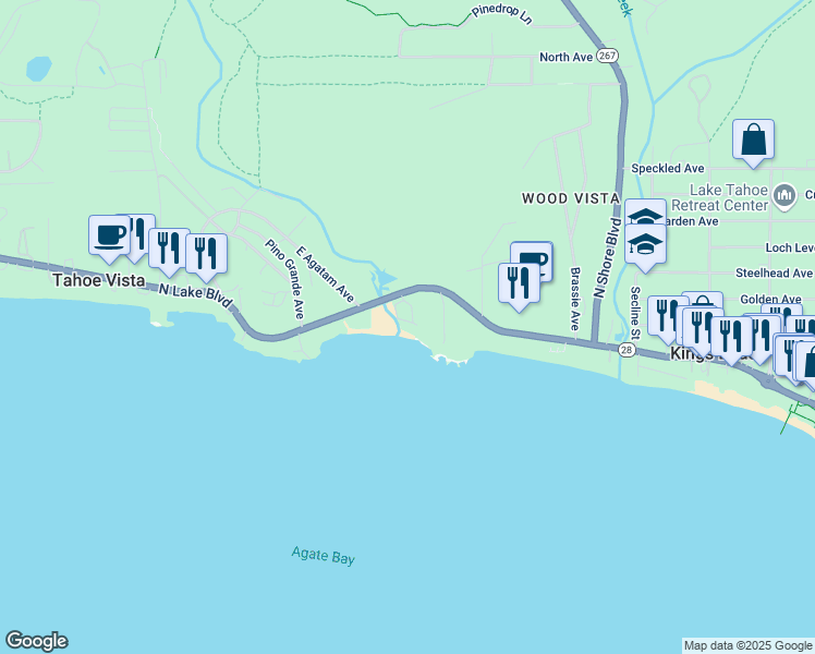 map of restaurants, bars, coffee shops, grocery stores, and more near 7580 North Lake Boulevard in Tahoe Vista