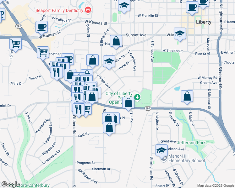 map of restaurants, bars, coffee shops, grocery stores, and more near 725 West Brown Street in Liberty