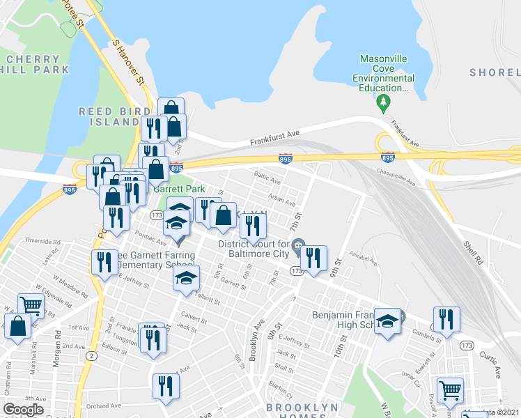 map of restaurants, bars, coffee shops, grocery stores, and more near 527 Maude Avenue in Baltimore