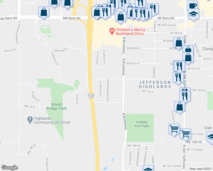 map of restaurants, bars, coffee shops, grocery stores, and more near 7930 North Pennsylvania Avenue in Kansas City