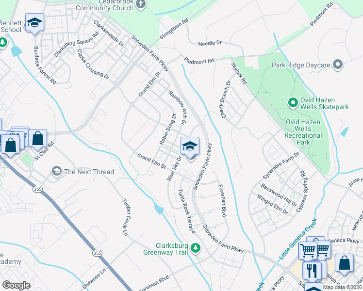 map of restaurants, bars, coffee shops, grocery stores, and more near 12521 Blue Sky Drive in Clarksburg