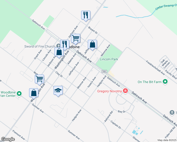 map of restaurants, bars, coffee shops, grocery stores, and more near 518 Monroe Avenue in Woodbine