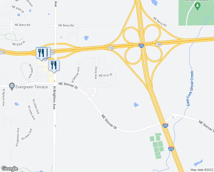 map of restaurants, bars, coffee shops, grocery stores, and more near 5621 Northeast 80th Terrace in Kansas City