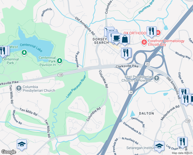 map of restaurants, bars, coffee shops, grocery stores, and more near 4936 Columbia Road in Columbia