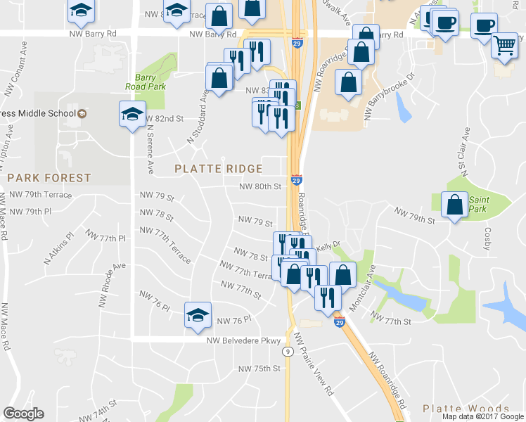 map of restaurants, bars, coffee shops, grocery stores, and more near 6911 Northwest 79th Terrace in Kansas City