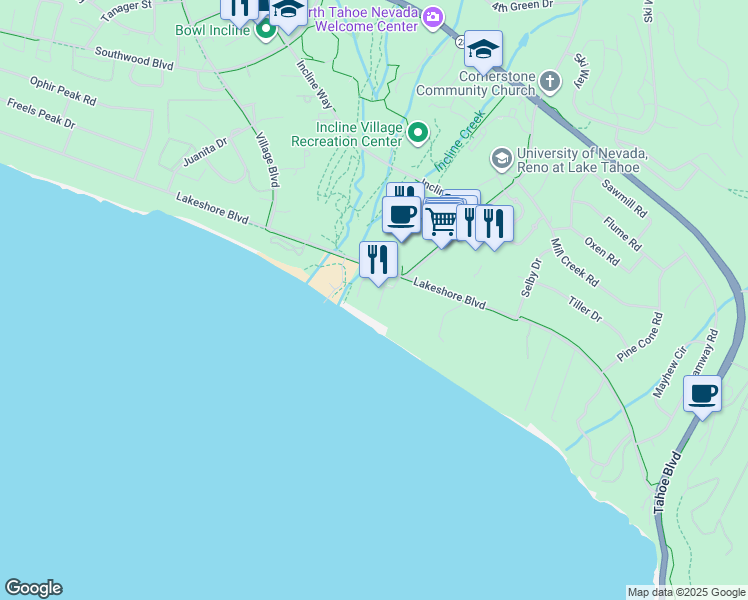 map of restaurants, bars, coffee shops, grocery stores, and more near 998 Lakeshore Blvd in Incline Village