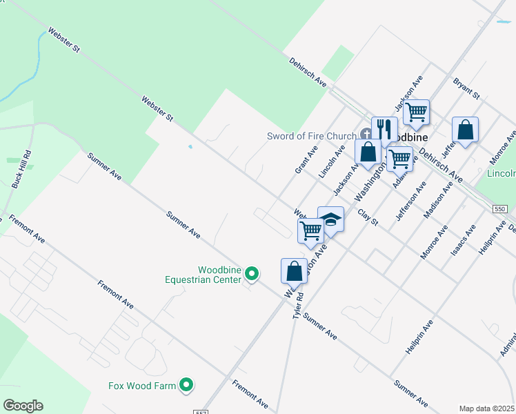 map of restaurants, bars, coffee shops, grocery stores, and more near 201 Webster Street in Woodbine