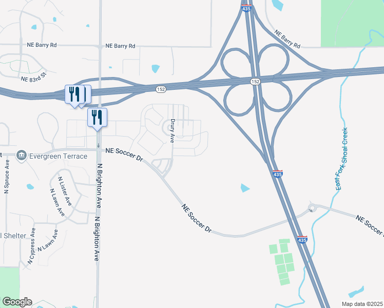 map of restaurants, bars, coffee shops, grocery stores, and more near 5601 Northeast 80th Terrace in Kansas City