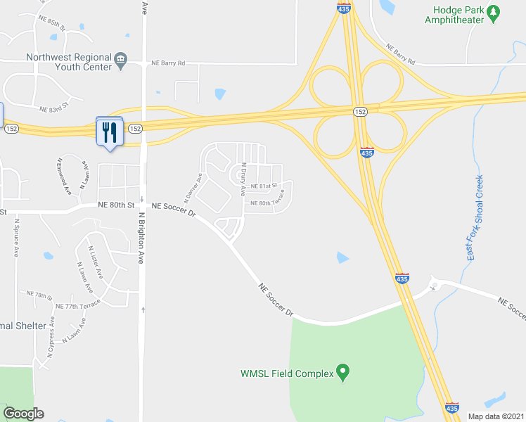 map of restaurants, bars, coffee shops, grocery stores, and more near 5601 Northeast 80th Terrace in Kansas City
