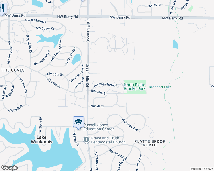 map of restaurants, bars, coffee shops, grocery stores, and more near 4100 Northwest 79th Terrace in Kansas City