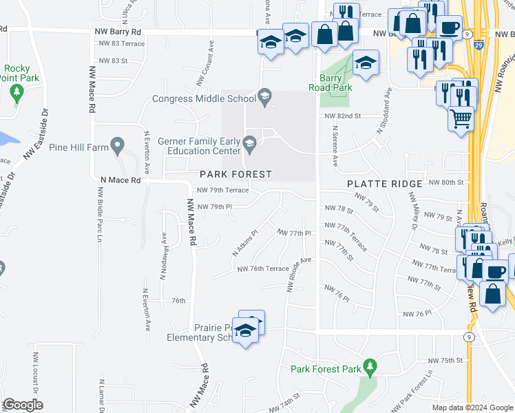 map of restaurants, bars, coffee shops, grocery stores, and more near 7947 Northwest 79th Place in Kansas City
