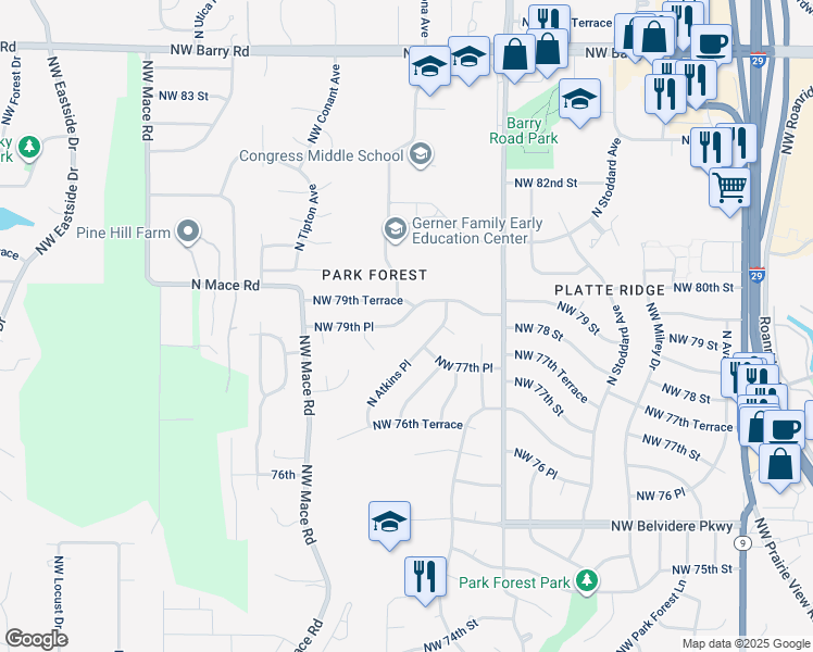 map of restaurants, bars, coffee shops, grocery stores, and more near 7947 Northwest 79th Place in Kansas City