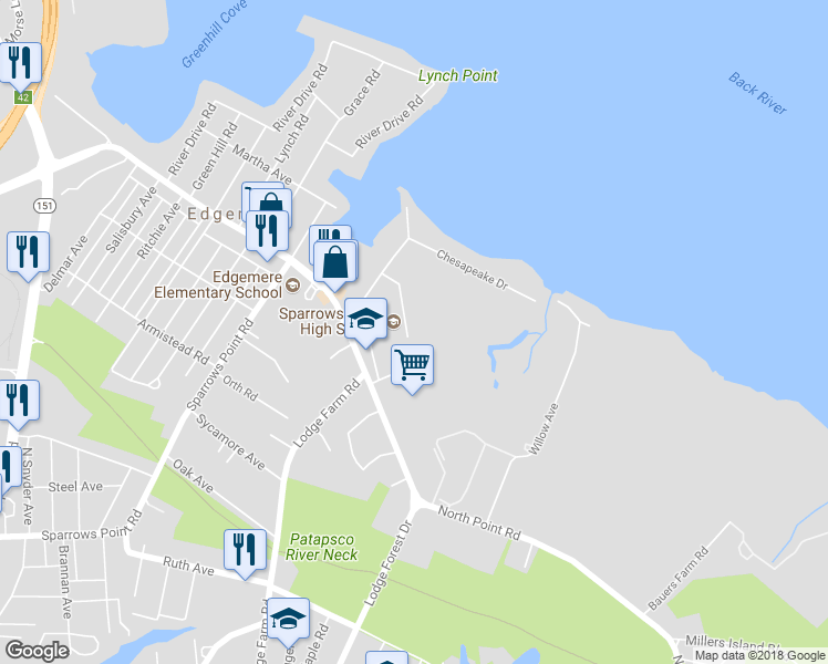 map of restaurants, bars, coffee shops, grocery stores, and more near 7400 North Point Rd in Edgemere