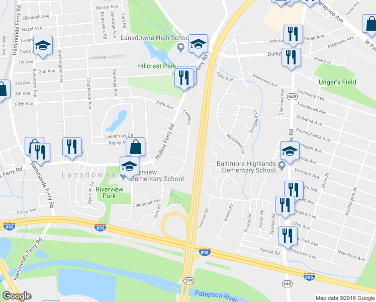 map of restaurants, bars, coffee shops, grocery stores, and more near 3035 Freeway Rd in Halethorpe