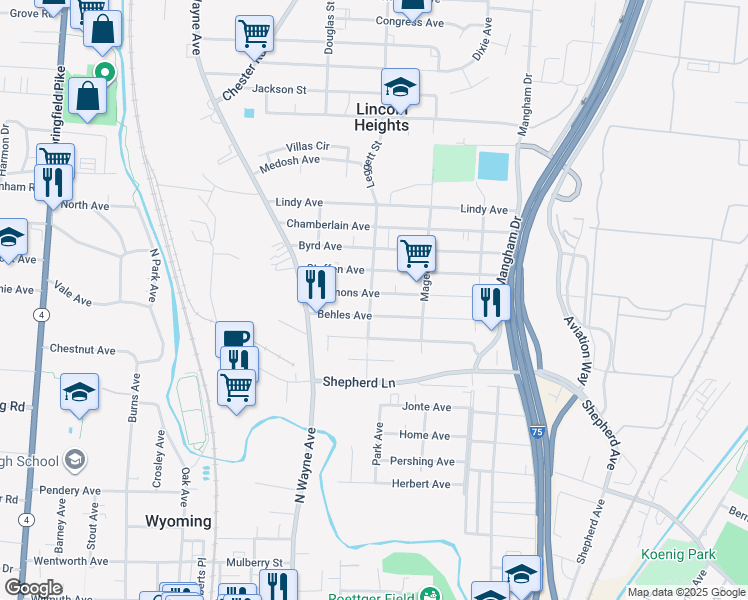 map of restaurants, bars, coffee shops, grocery stores, and more near 1055 Simmons Avenue in Cincinnati
