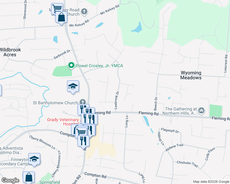 map of restaurants, bars, coffee shops, grocery stores, and more near 9469 Leebrook Drive in Cincinnati