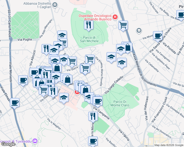 map of restaurants, bars, coffee shops, grocery stores, and more near 44 Via Baudi Carlo di Vesme in Cagliari