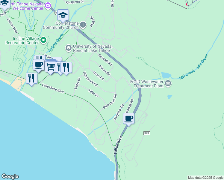 map of restaurants, bars, coffee shops, grocery stores, and more near 1096 Mill Creek Rd in Incline Village
