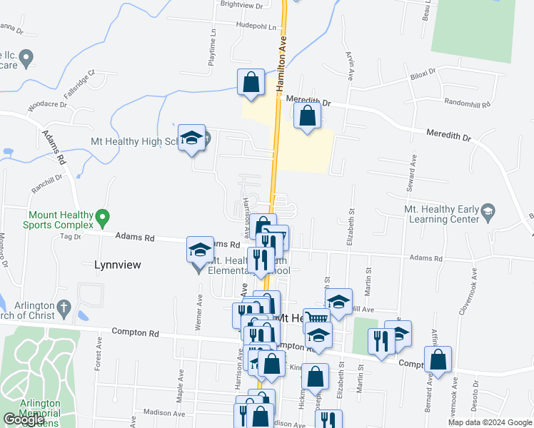 map of restaurants, bars, coffee shops, grocery stores, and more near 7947 Hamilton Avenue in Cincinnati